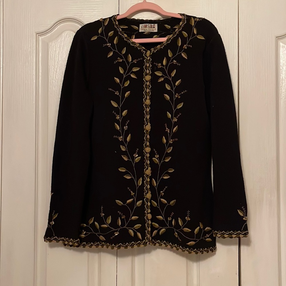 100% Alpaca Black Embroidered and Beaded Cardigan